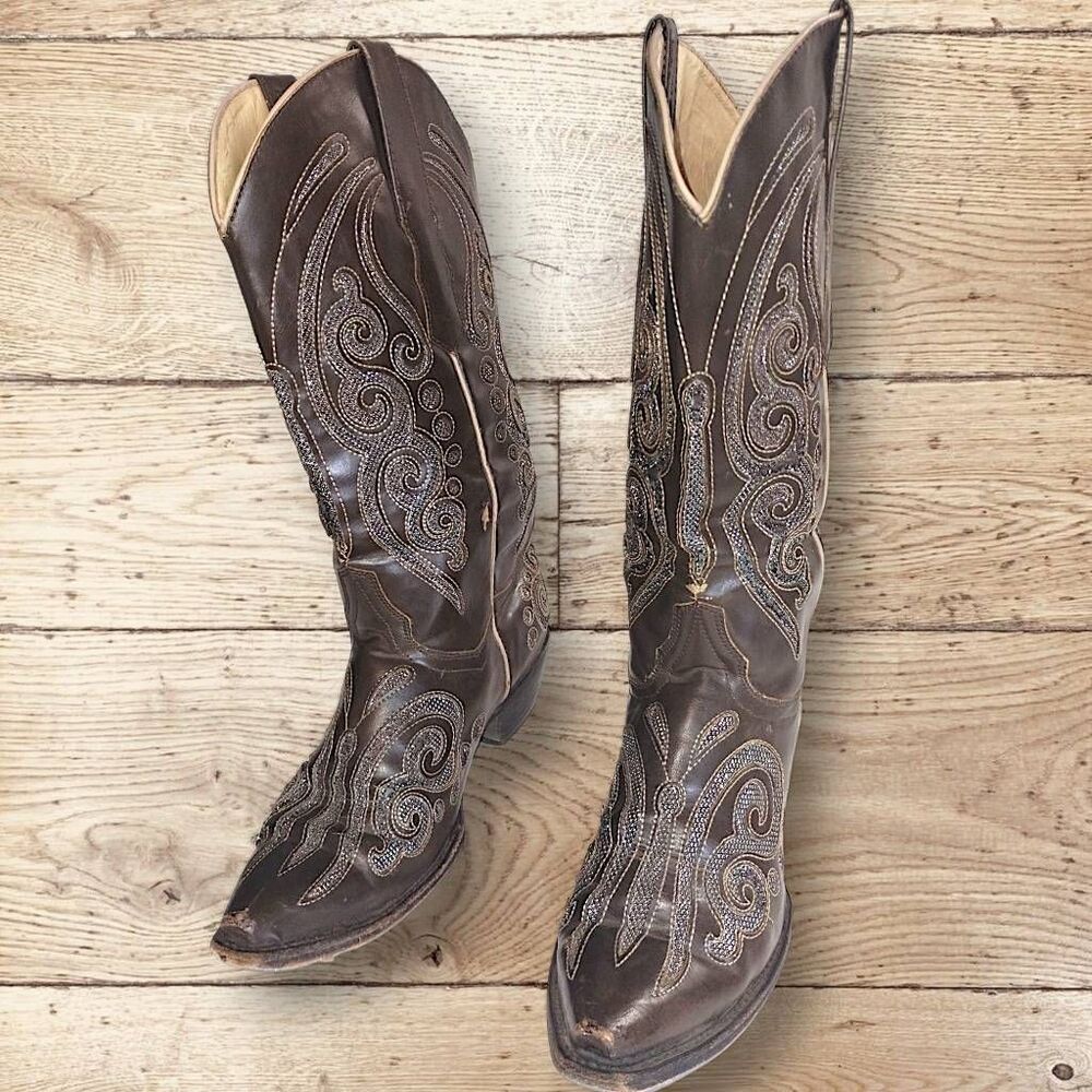 Republic Boot Co. Womens Sz 9.5 Oil Tanned‎ Leather Brown Sparkles Embroidered